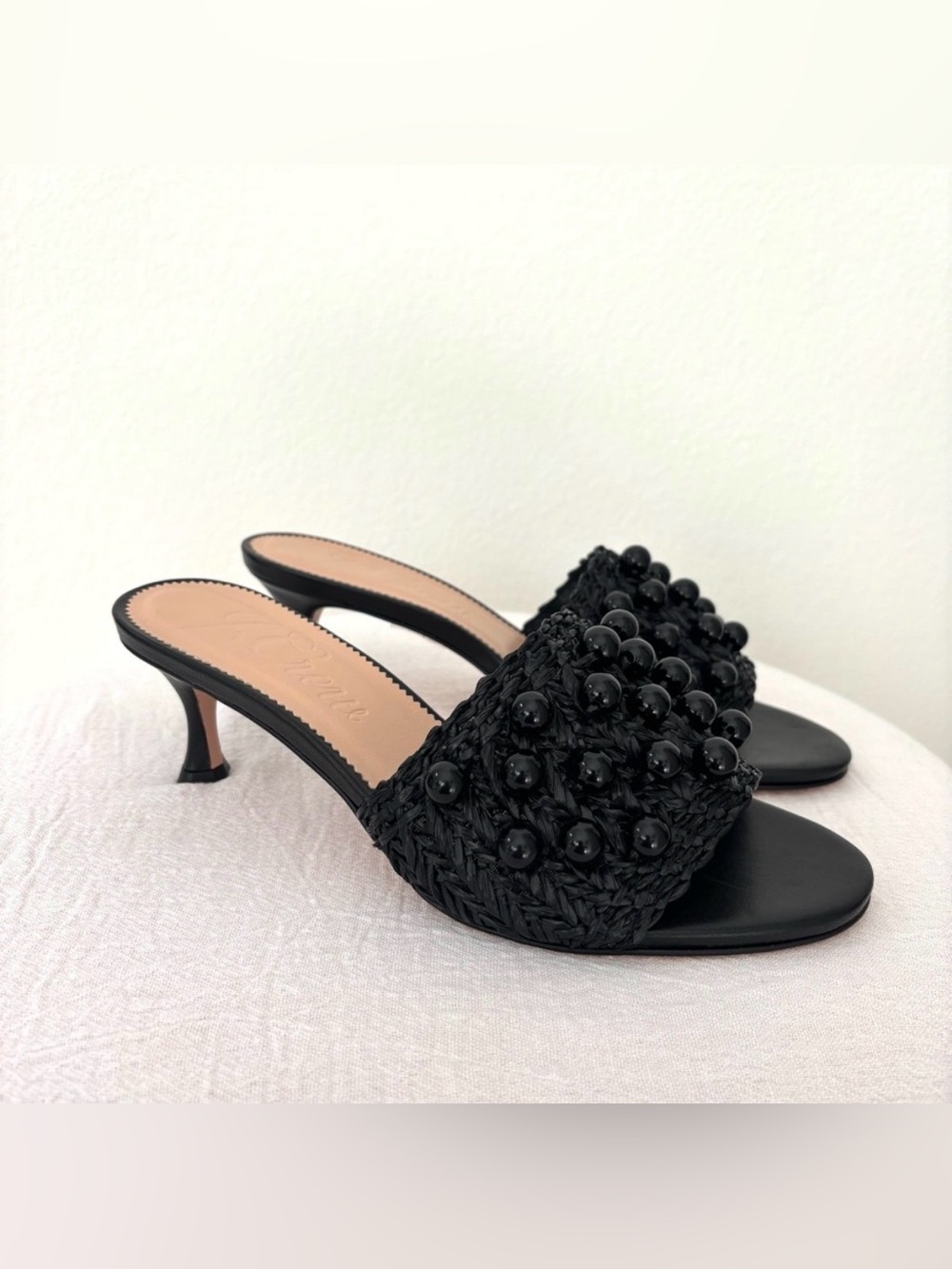 J Crew Violetta Sandals NWOT Black Kitten-Heel Made-In-Italy Woven & Beaded 7